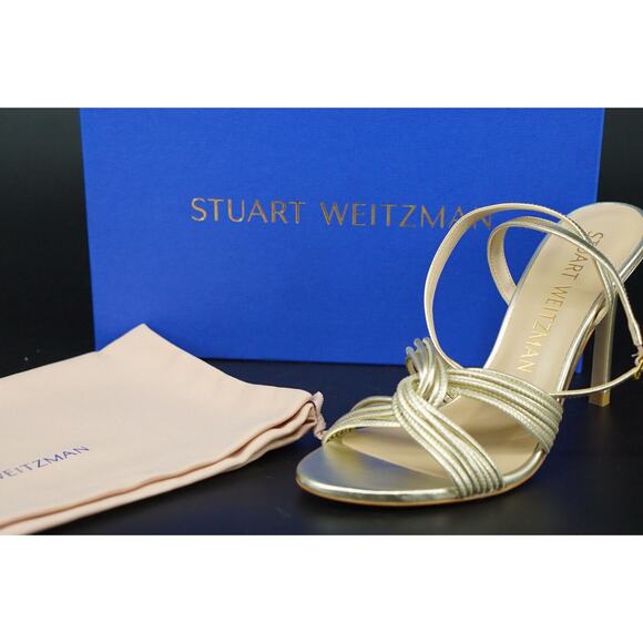 Stuart Weitzman Twist Sleek Gold Leather Sandal Heel Size 9.5 Metallic NIB $525